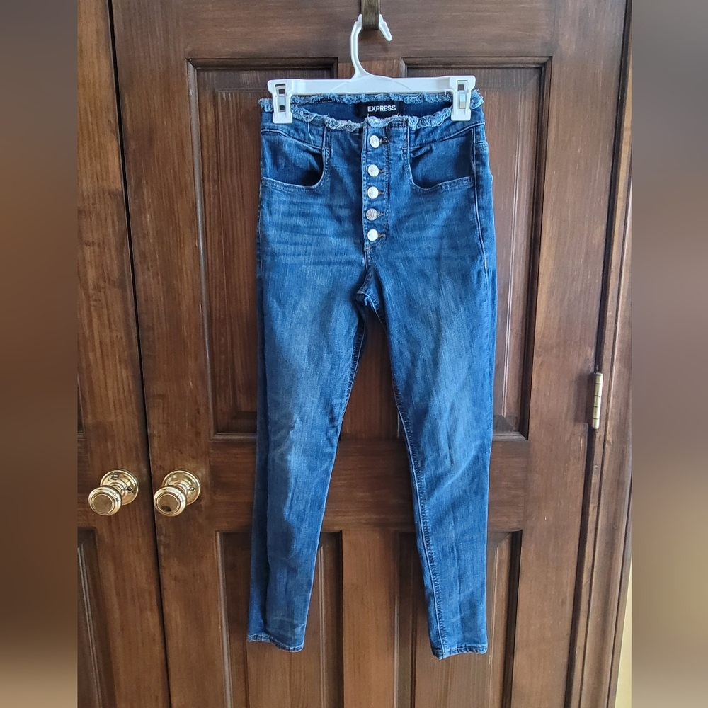 Express High Rise Button-Fly Jeans in Blue